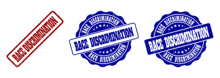 RACE DISCRIMINATION scratched stamp seals in red and blue colors. Vector RACE DISCRIMINATION watermarks with scratced style. Graphic elements are rounded rectangles, rosettes,のイラスト素材
