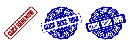 CLICK HERE NOW scratched stamp seals in red and blue colors. Vector CLICK HERE NOW watermarks with draft style. Graphic elements are rounded rectangles, rosettes, circles and text labels.のイラスト素材