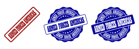 ARMED FORCES AMERICAS scratched stamp seals in red and blue colors. Vector ARMED FORCES AMERICAS labels with dirty style. Graphic elements are rounded rectangles, rosettes, circles and text labels.のイラスト素材