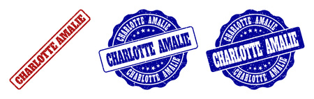 CHARLOTTE AMALIE grunge stamp seals in red and blue colors. Vector CHARLOTTE AMALIE labels with dirty style. Graphic elements are rounded rectangles, rosettes, circles and text labels.のイラスト素材