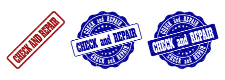 CHECK AND REPAIR grunge stamp seals in red and blue colors. Vector CHECK AND REPAIR labels with grunge surface. Graphic elements are rounded rectangles, rosettes, circles and text labels.のイラスト素材