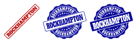 ROCKHAMPTON scratched stamp seals in red and blue colors. Vector ROCKHAMPTON watermarks with grunge effect. Graphic elements are rounded rectangles, rosettes, circles and text labels.のイラスト素材