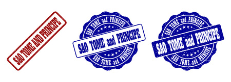 SAO TOME AND PRINCIPE grunge stamp seals in red and blue colors. Vector SAO TOME AND PRINCIPE labels with grunge texture. Graphic elements are rounded rectangles, rosettes, circles and text tags.のイラスト素材