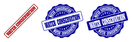 WATER CONSERVATION grunge stamp seals in red and blue colors. Vector WATER CONSERVATION imprints with grunge effect. Graphic elements are rounded rectangles, rosettes, circles and text labels.のイラスト素材