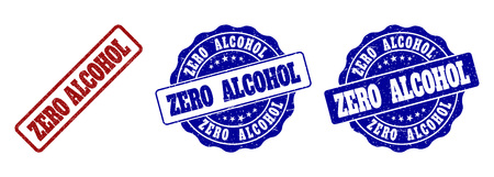 ZERO ALCOHOL grunge stamp seals in red and blue colors. Vector ZERO ALCOHOL overlays with grunge style. Graphic elements are rounded rectangles, rosettes, circles and text titles.のイラスト素材