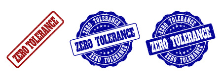ZERO TOLERANCE grunge stamp seals in red and blue colors. Vector ZERO TOLERANCE labels with distress style. Graphic elements are rounded rectangles, rosettes, circles and text labels.のイラスト素材