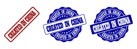 CREATED IN CHINA grunge stamp seals in red and blue colors. Vector CREATED IN CHINA signs with grunge style. Graphic elements are rounded rectangles, rosettes, circles and text titles.のイラスト素材