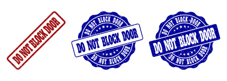 DO NOT BLOCK DOOR grunge stamp seals in red and blue colors. Vector DO NOT BLOCK DOOR imprints with grunge effect. Graphic elements are rounded rectangles, rosettes, circles and text tags.のイラスト素材