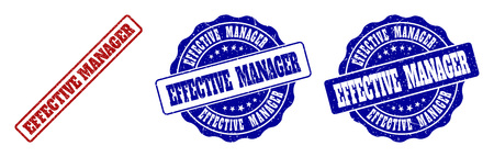 EFFECTIVE MANAGER scratched stamp seals in red and blue colors. Vector EFFECTIVE MANAGER imprints with distress effect. Graphic elements are rounded rectangles, rosettes, circles and text tags.のイラスト素材