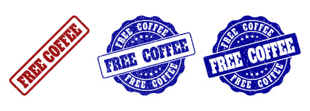 FREE COFFEE grunge stamp seals in red and blue colors. Vector FREE COFFEE labels with dirty effect. Graphic elements are rounded rectangles, rosettes, circles and text labels.のイラスト素材