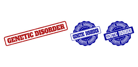 GENETIC DISORDER grunge stamp seals in red and blue colors. Vector GENETIC DISORDER watermarks with grunge effect. Graphic elements are rounded rectangles, rosettes, circles and text captions.のイラスト素材