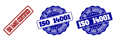 ISO 14001 CERTIFIED grunge stamp seals in red and blue colors. Vector ISO 14001 CERTIFIED signs with grunge surface. Graphic elements are rounded rectangles, rosettes, circles and text labels.のイラスト素材