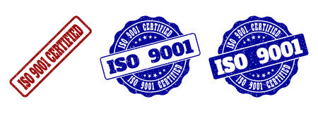 ISO 9001 CERTIFIED grunge stamp seals in red and blue colors. Vector ISO 9001 CERTIFIED overlays with grunge style. Graphic elements are rounded rectangles, rosettes, circles and text tags.のイラスト素材