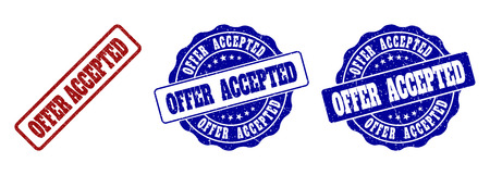 OFFER ACCEPTED grunge stamp seals in red and blue colors. Vector OFFER ACCEPTED overlays with grunge texture. Graphic elements are rounded rectangles, rosettes, circles and text tags.のイラスト素材