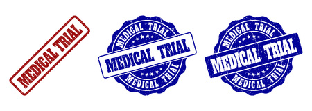 MEDICAL TRIAL grunge stamp seals in red and blue colors. Vector MEDICAL TRIAL imprints with dirty surface. Graphic elements are rounded rectangles, rosettes, circles and text tags.のイラスト素材