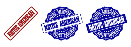 NATIVE AMERICAN scratched stamp seals in red and blue colors. Vector NATIVE AMERICAN labels with distress effect. Graphic elements are rounded rectangles, rosettes, circles and text labels.のイラスト素材