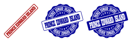 PRINCE EDWARD ISLAND grunge stamp seals in red and blue colors. Vector PRINCE EDWARD ISLAND labels with grunge texture. Graphic elements are rounded rectangles, rosettes, circles and text titles.のイラスト素材