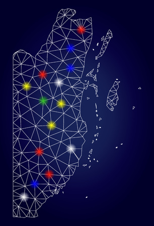 Bright mesh vector Belize map with glare lightspots. Mesh model for patriotic purposes. Abstract lines, dots, glare spots are organized into Belize map. Dark blue gradiented background.のイラスト素材
