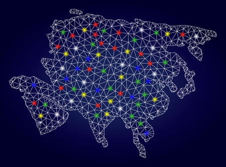 Bright mesh vector Asia map with glare light spots. Mesh model for patriotic purposes. Abstract lines, dots, glare spots are organized into Asia map. Dark blue gradiented background.のイラスト素材