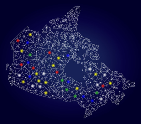 Bright mesh vector Canada map with glare light spots. Lowpoly model for political templates. Abstract lines, dots, glare spots are organized into Canada map. Dark blue gradiented background.のイラスト素材