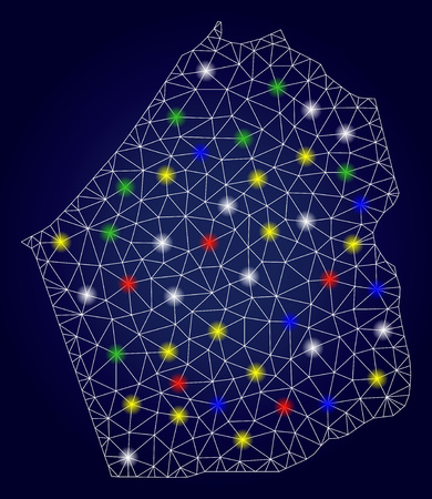 Bright polygonal vector Dubai Emirate map with glowing light spots. Mesh model for political posters. Abstract lines, dots, flash spots are organized into Dubai Emirate map.のイラスト素材