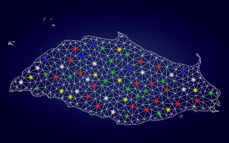 Bright polygonal vector Isla La Tortuga map with glare light spots. Mesh model for patriotic illustrations. Abstract lines, dots, glare spots are organized into Isla La Tortuga map.のイラスト素材