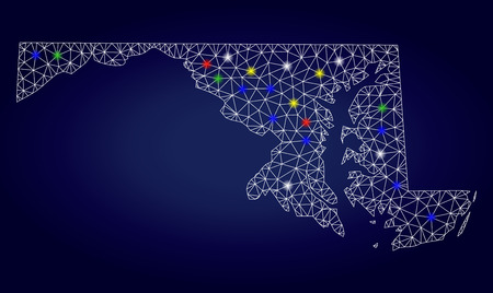 Glamour mesh vector Maryland State map with glow light spots. Mesh model for patriotic illustrations. Abstract lines, dots, glare spots are organized into Maryland State map.のイラスト素材