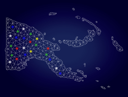 Glamour polygonal vector Papua New Guinea map with glowing light spots. Mesh model for patriotic templates. Abstract lines, dots, glare spots are organized into Papua New Guinea map.のイラスト素材