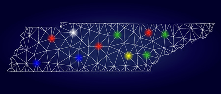 Bright mesh vector Tennessee State map with glare light spots. Mesh model for political posters. Abstract lines, dots, light spots are organized into Tennessee State map.のイラスト素材