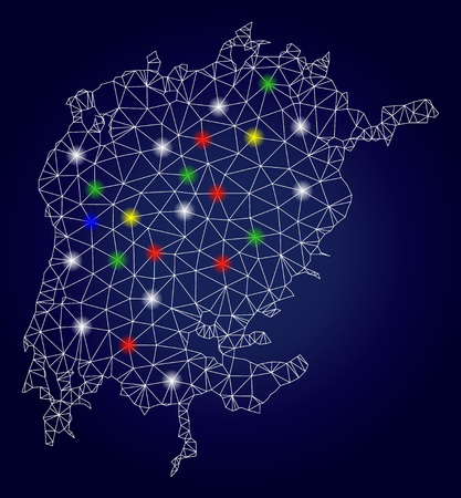 Bright mesh vector Victoria Lake map with glare light spots. Mesh model for political purposes. Abstract lines, dots, glare spots are organized into Victoria Lake map. Dark blue gradiented background.のイラスト素材
