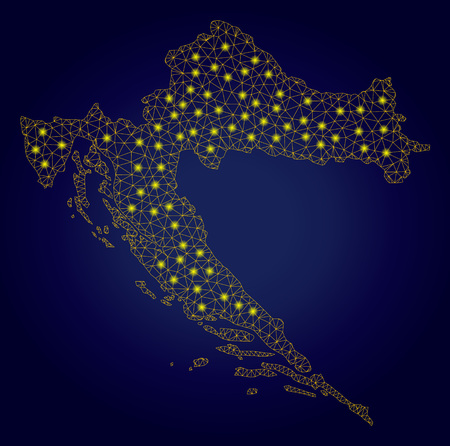 Yellow mesh vector Croatia map with flare effect on a dark blue gradiented background. Abstract lines, light spots and spheric points form Croatia map constellation.のイラスト素材