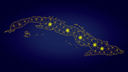 Yellow mesh vector Cuba map with glow effect on a dark blue gradiented background. Abstract lines, light spots and spheric points form Cuba map constellation.のイラスト素材