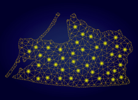 Yellow mesh vector Kaliningrad Region map with glare effect on a dark blue gradiented background. Abstract lines, light spots and circle dots form Kaliningrad Region map constellation.のイラスト素材