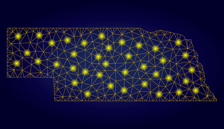 Yellow mesh vector Nebraska State map with glitter effect on a dark blue gradiented background. Abstract lines, light spots and circle dots form Nebraska State map constellation.のイラスト素材