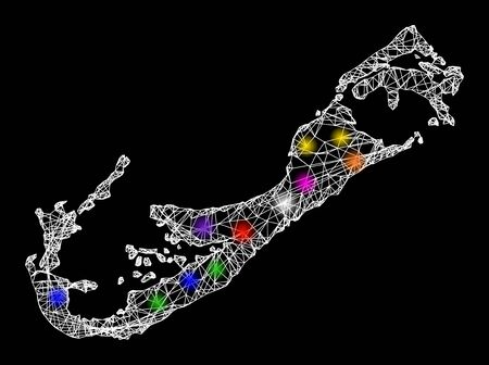 Web mesh vector map of Bermuda Islands with glare effect on a black background. Abstract lines, light spots and spheric points form map of Bermuda Islands constellation.のイラスト素材