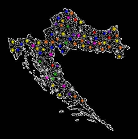 Web mesh vector map of Croatia with glare effect on a black background. Abstract lines, light spots and spheric points form map of Croatia constellation.のイラスト素材