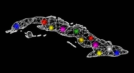 Web mesh vector map of Cuba with glare effect on a black background. Abstract lines, light spots and circle dots form map of Cuba constellation.のイラスト素材
