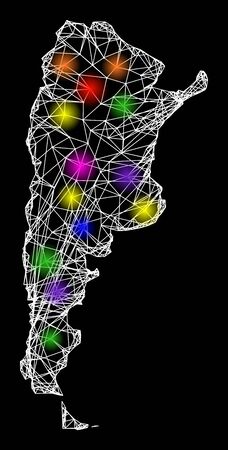 Web mesh vector map of Argentina with glare effect on a black background. Abstract lines, light spots and small circles form map of Argentina constellation.のイラスト素材