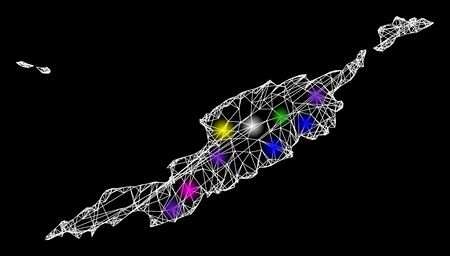 Web mesh vector map of Anguilla Islands with glare effect on a black background. Abstract lines, light spots and dots form map of Anguilla Islands constellation.のイラスト素材