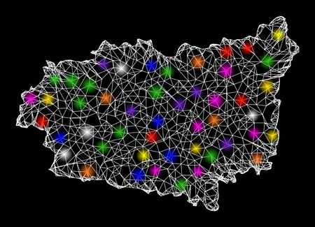 Web mesh vector map of Leon Province with flare effect on a black background. Abstract lines, light spots and dots form map of Leon Province constellation.のイラスト素材