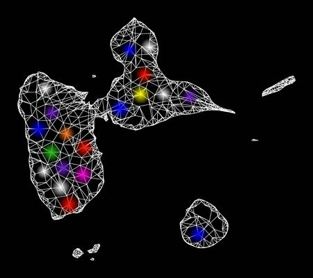 Web mesh vector map of Guadeloupe with glare effect on a black background. Abstract lines, light spots and dots form map of Guadeloupe constellation.のイラスト素材