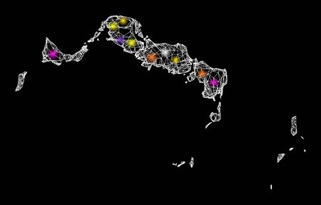 Web mesh vector map of Turks and Caicos Islands with glare effect on a black background. Abstract lines, light spots and circle dots form map of Turks and Caicos Islands constellation.のイラスト素材
