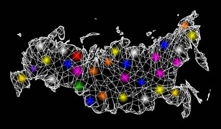 Web mesh vector map of Russia with glare effect on a black background. Abstract lines, light spots and points form map of Russia constellation.のイラスト素材