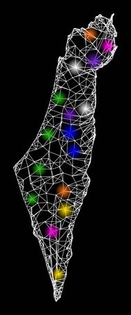 Web mesh vector map of Israel with glare effect on a black background. Abstract lines, light spots and small circles form map of Israel constellation.のイラスト素材