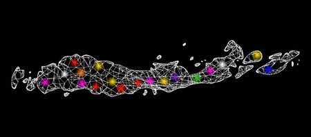 Web mesh vector map of Indonesia - Flores Islands with glare effect on a black background. Abstract lines, light spots and dots form map of Indonesia - Flores Islands constellation.のイラスト素材