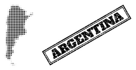 Halftone map of Argentina, and dirty watermark. Halftone map of Argentina designed with small black spheric pixels. Vector watermark with unclean style, double framed rectangle, in black color.のイラスト素材
