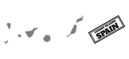 Halftone map of Canary Islands, and rubber stamp. Halftone map of Canary Islands designed with small black spheric items. Vector seal with corroded style, double framed rectangle, in black color.のイラスト素材