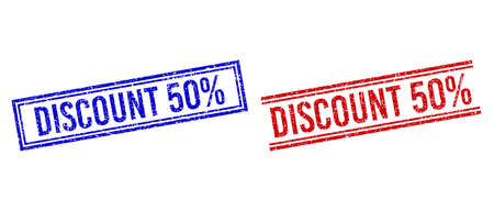 DISCOUNT 50% rubber imprints with grunge texture. Vectors designed with double lines, in blue and red variants. Caption placed inside double rectangle frame and parallel lines.のイラスト素材