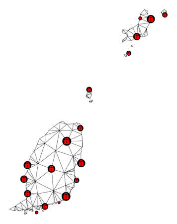Polygonal mesh lockdown map of Grenada Islands. Abstract mesh lines and locks form map of Grenada Islands. Vector wire frame 2D polygonal line network in black color with red locks.のイラスト素材