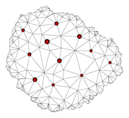 Polygonal mesh lockdown map of La Gomera Island. Abstract mesh lines and locks form map of La Gomera Island. Vector wire frame 2D polygonal line network in black color with red locks.のイラスト素材